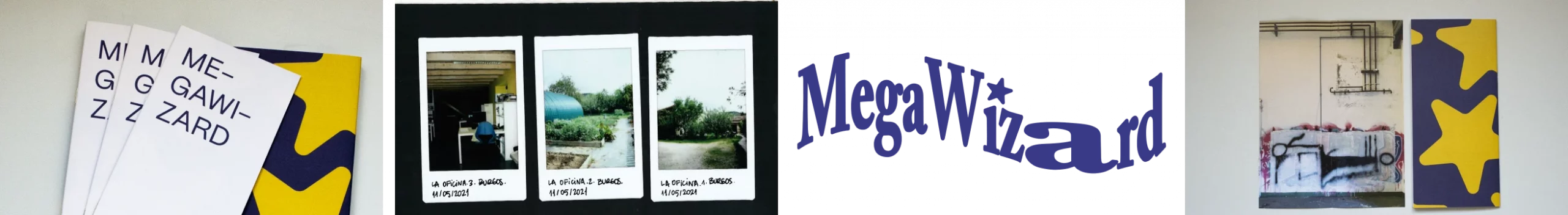 serie de imágenes de la edición impresa de megawizard, su logotipo, y tres polaroids de la oficina en la fundación oxígeno de burgos