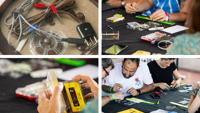 personas realizando el taller hackear cassettes, cintas de cassette, loops, arte sonoro