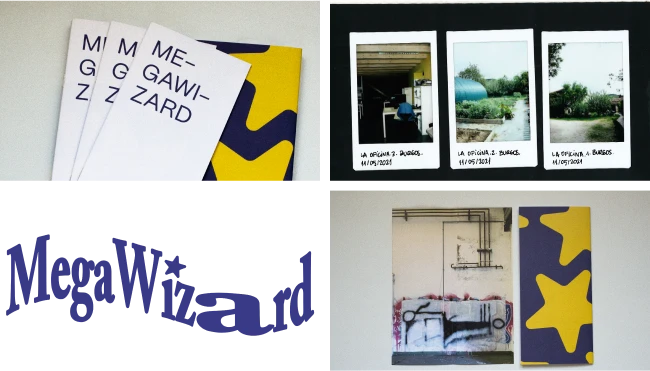 serie de imágenes de la edición impresa de megawizard, su logotipo, y tres polaroids de la oficina en la fundación oxígeno de burgos